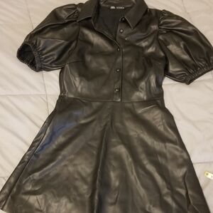 Zara black faux leather puff sleeve a line dress
